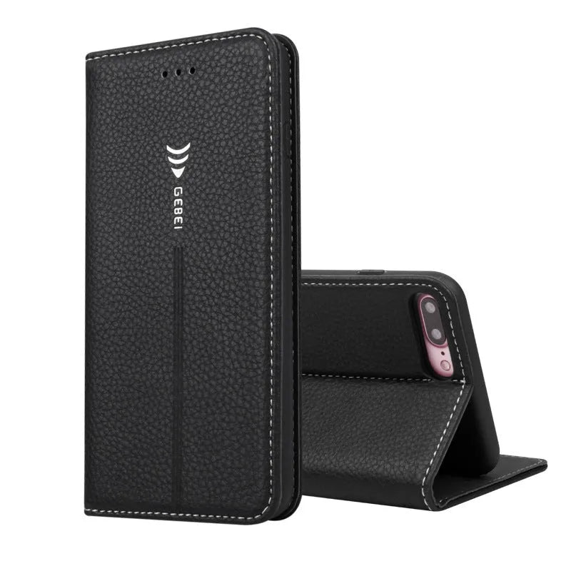 Black PU leather wallet-style case open to show card slots, next to an iPhone.