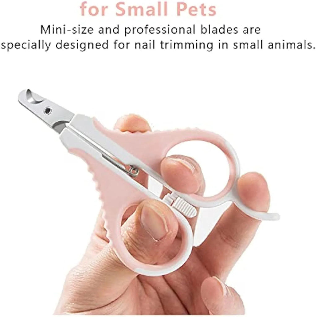 Cat nail clippers with angled stainless steel blade and safety lock in grey or pink
