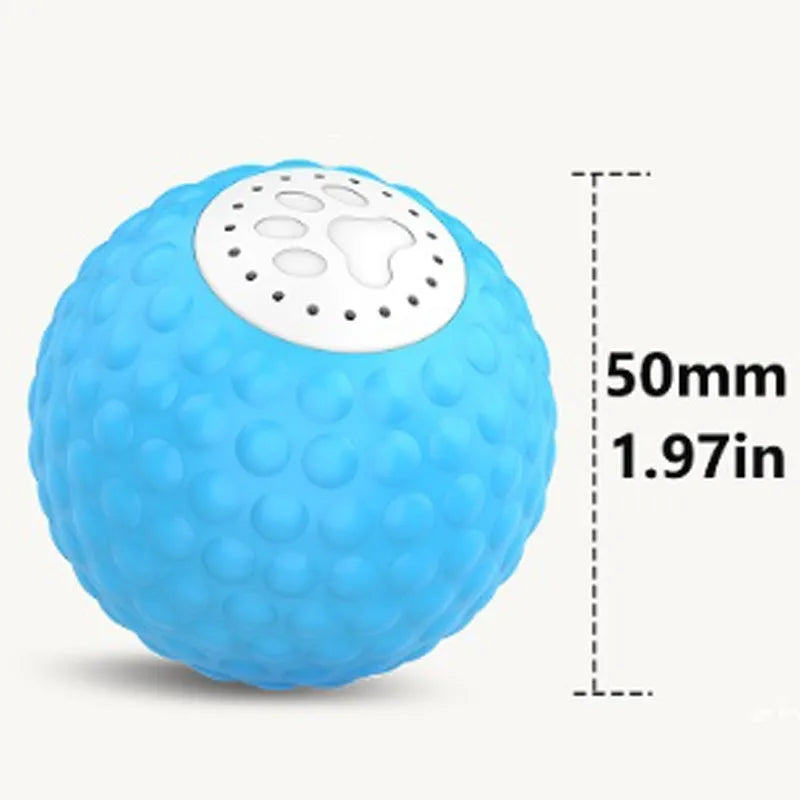 Remote control and interactive rolling ball cat toy with feather wand attachment in blue, green, and yellow colours.
