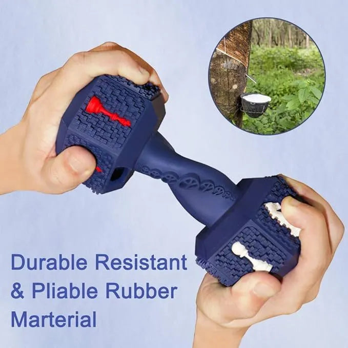 Durable hollow dumbbell dog chew toy in blue with textured surface for dental care, shown next to a treat.