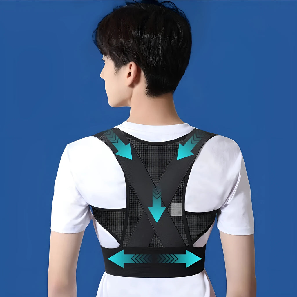 Hollow O men's beige and black posture correction belt for hunchback support, shown with sizing options.