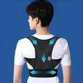 Hollow O men's beige and black posture correction belt for hunchback support, shown with sizing options.