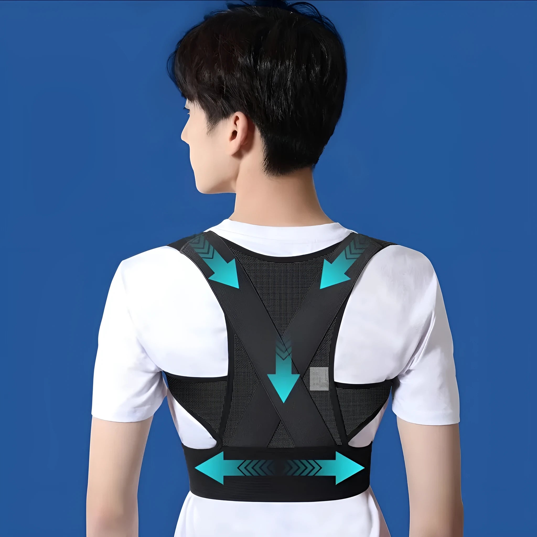 Hollow O men's beige and black posture correction belt for hunchback support, shown with sizing options.