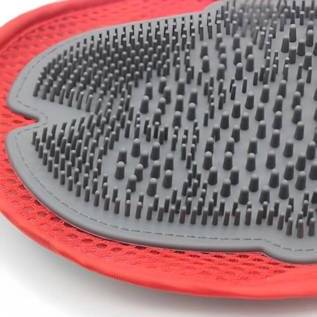 Red pet bathing glove with silicone brush bristles for dog and cat grooming during washing
