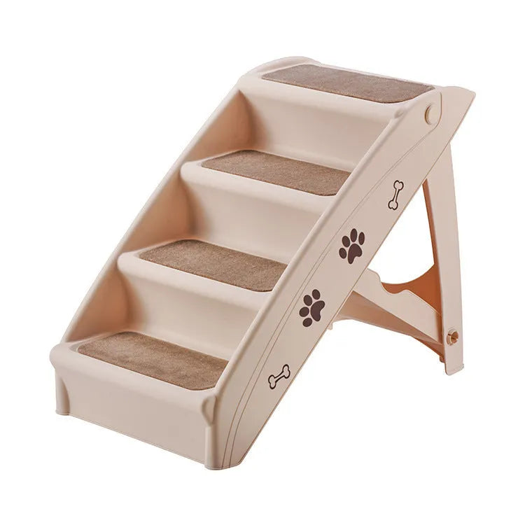 Foldable plastic pet stairs in beige colour with non-slip mats on each step