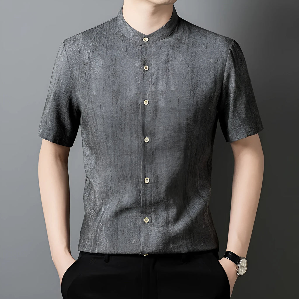 Men's loose-fit linen cardigan-style short sleeve shirt in solid black grey colour.