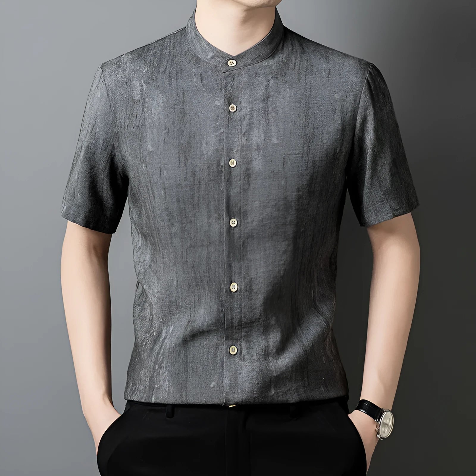 Men's loose-fit linen cardigan-style short sleeve shirt in solid black grey colour.