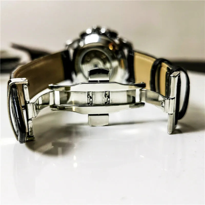 Men's automatic mechanical watch showing 12mm thickness and various colour options including silver case and black dial