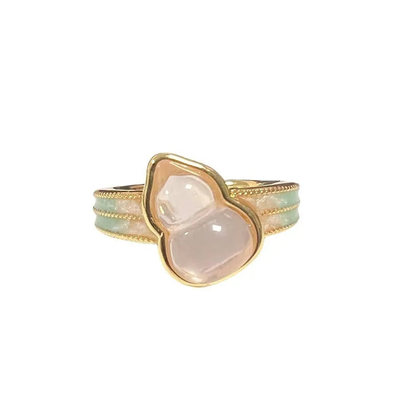 Adjustable copper ring with gourd motif, flower and bow shapes, zircon stones in six colour options