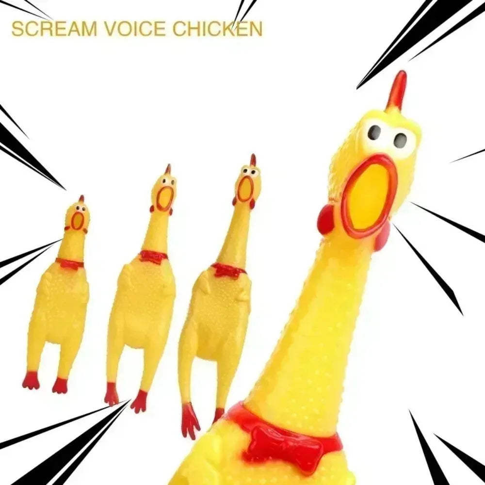 Yellow rubber screaming chicken dog toy with squeaker in three size options
