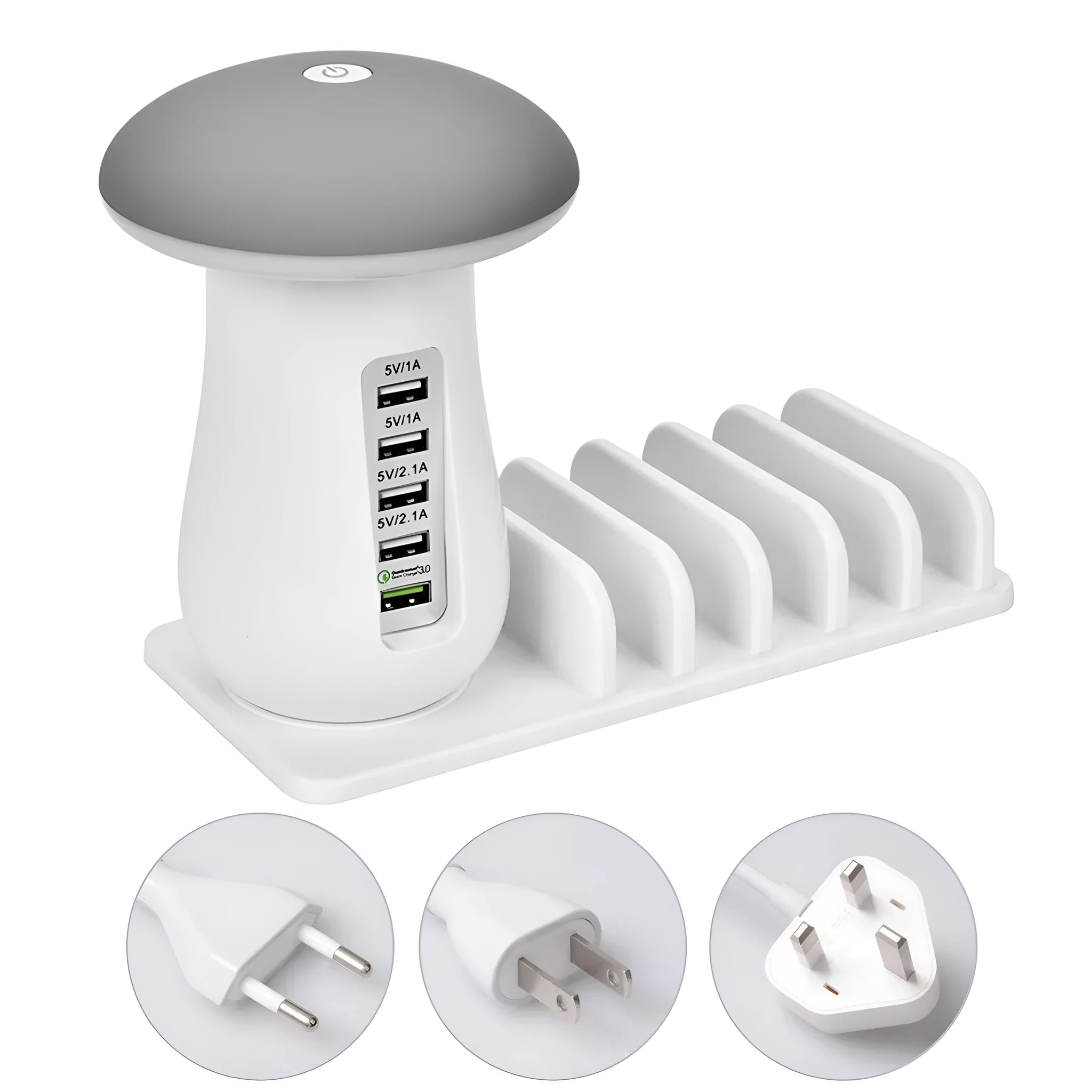 Besegad mushroom-shaped white LED desk lamp and USB charging station with five ports