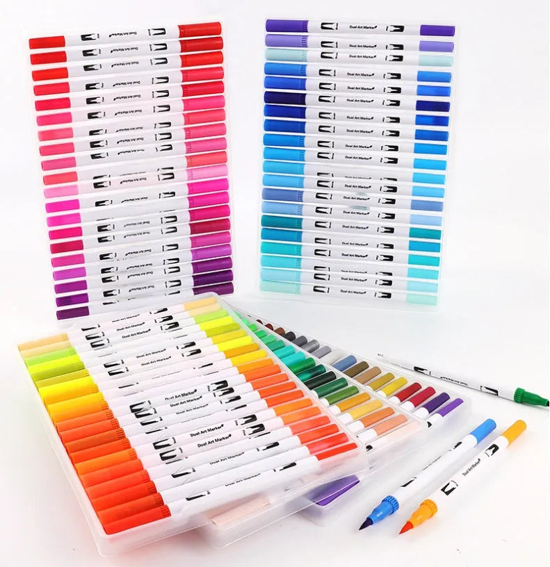 Set of watercolour brush pens with brush tips in a case, showing multiple colour options from 48 to 100 count.