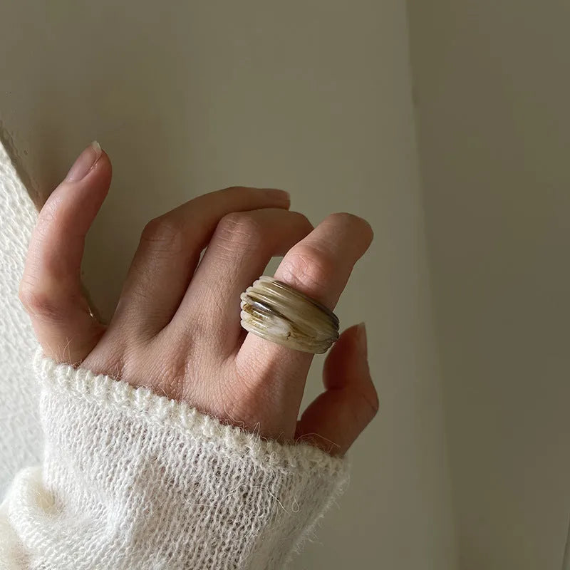 Chinese style irregular geometric resin wide ring in earthy brown and white colour variations