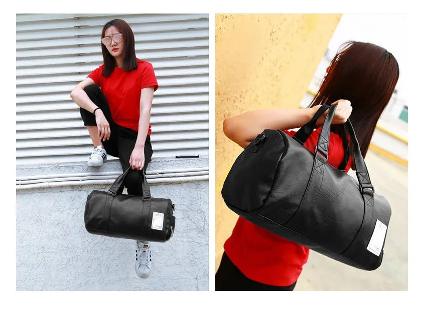 Black waterproof sports duffel bag with separate shoe compartment and diagonal shoulder strap