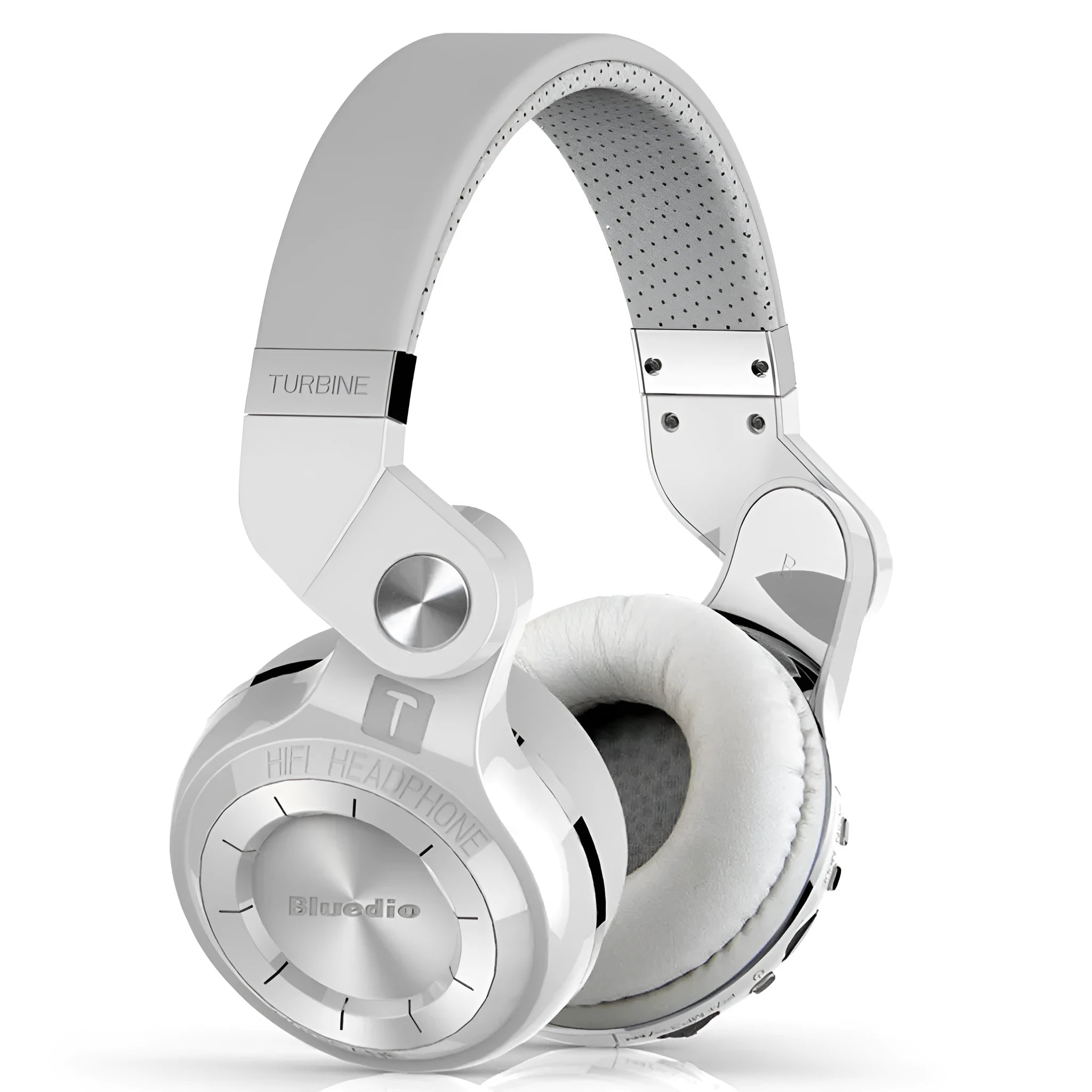 Black wireless Bluetooth headset with over-ear design on a white background.