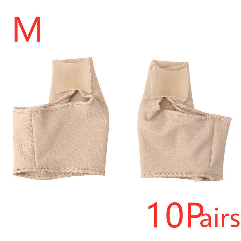 Pair of beige corrective toe socks with a clear silicone gel bunion pad and toe separator.