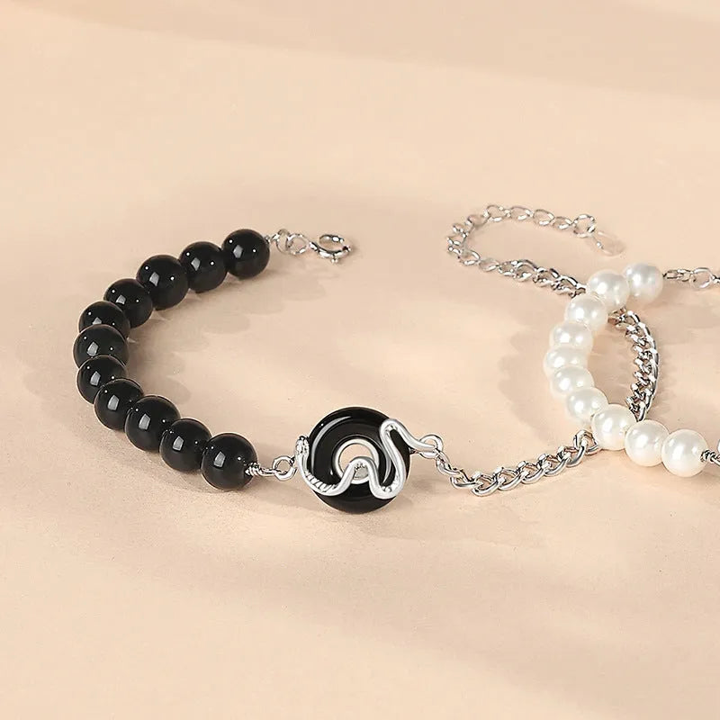 New Chinese style 925 sterling silver bracelet with snake design, obsidian pearl, and safety buckle clasp.