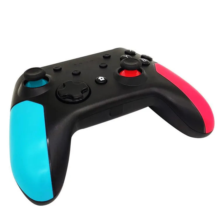 Bluetooth gamepad for Nintendo Switch and PC in left blue right red colour scheme on a white background.