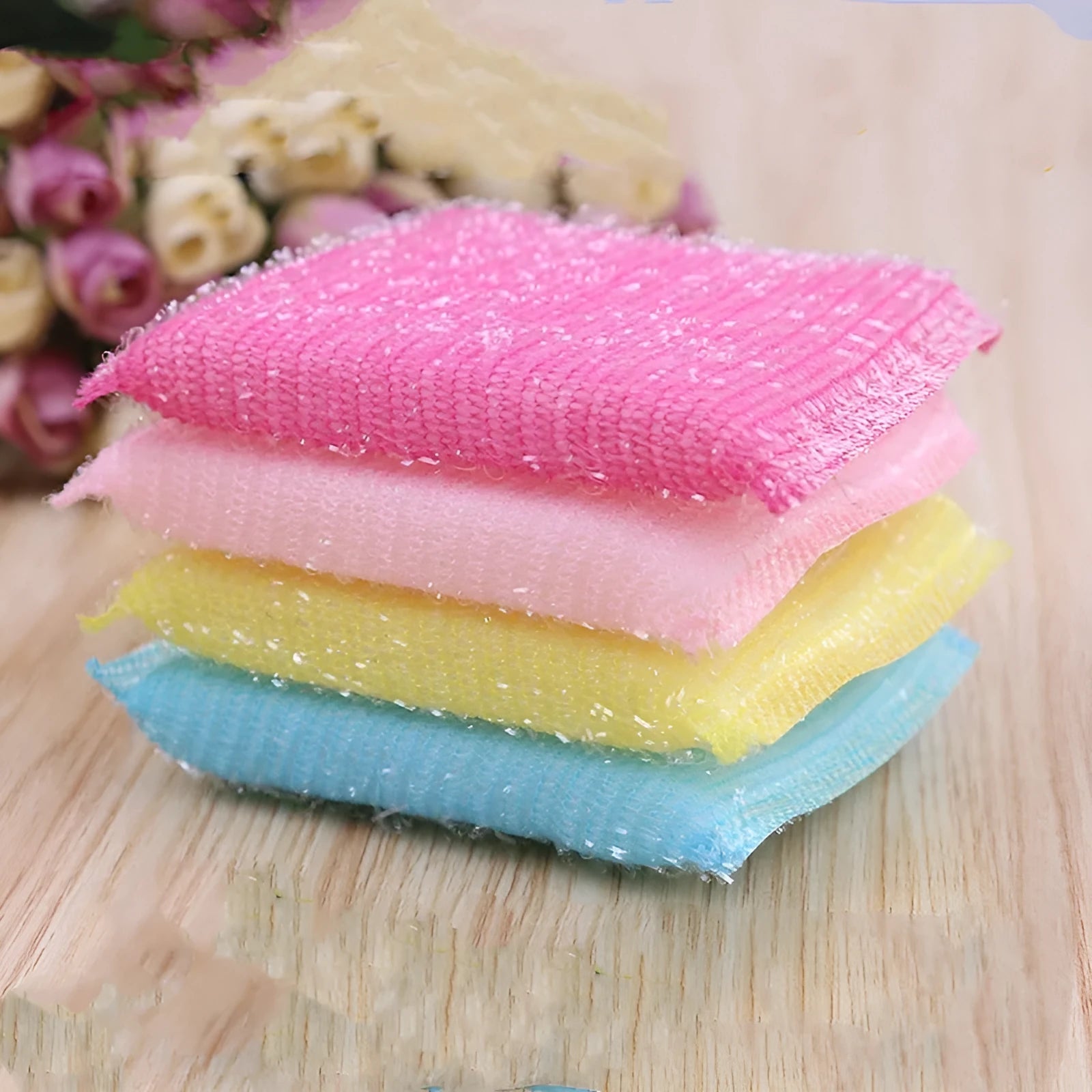 Macaron coloured pinstripe fabric dishwashing sponge mop for wet and dry kitchen cleaning.