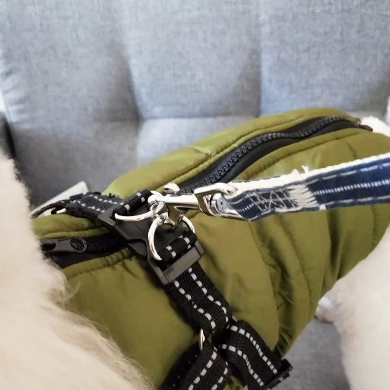 Red waterproof dog coat with built-in harness on a large breed dog.