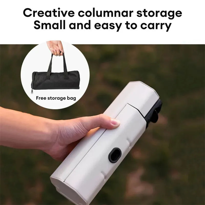 Green portable folding camping gas stove with adjustable valve on a serrated bracket, shown with its storage bag.
