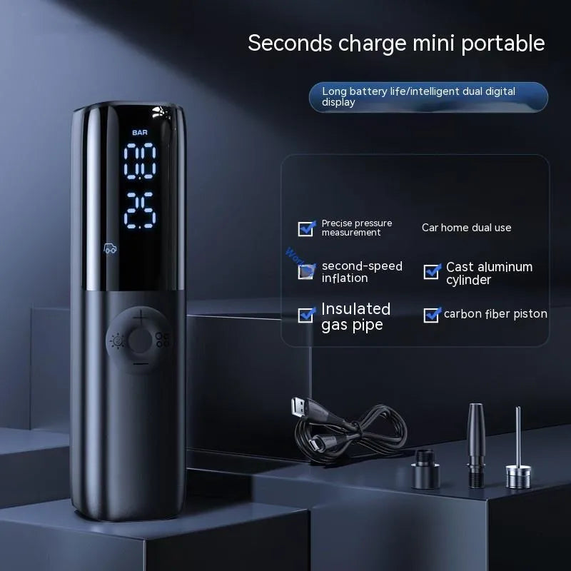 Black portable electric car air pump with built-in pressure gauge and power plug for 12V/24V vehicles.