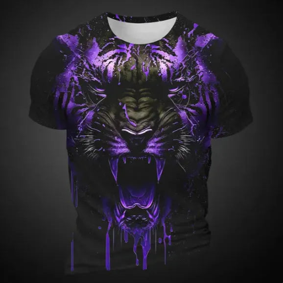 Men's short sleeve T-shirt with 3D tiger pattern in digital printing on polyester bird eye cloth