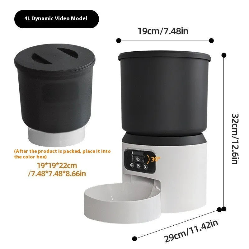 4L smart pet feeder with Wi-Fi and camera on floor next to cat, showing mobile app control interface.