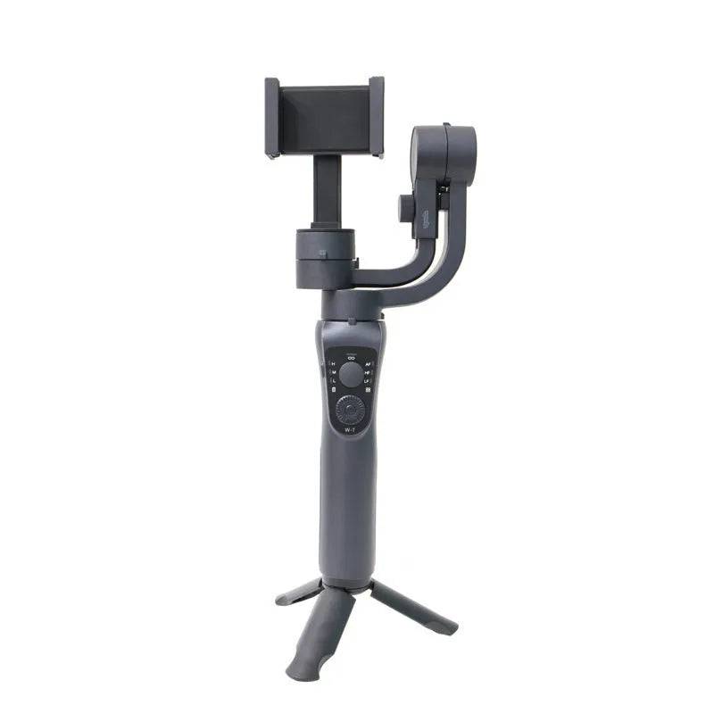 Black three-axis handheld gimbal stabilizer for mobile phones showing PTZ mechanism and handle