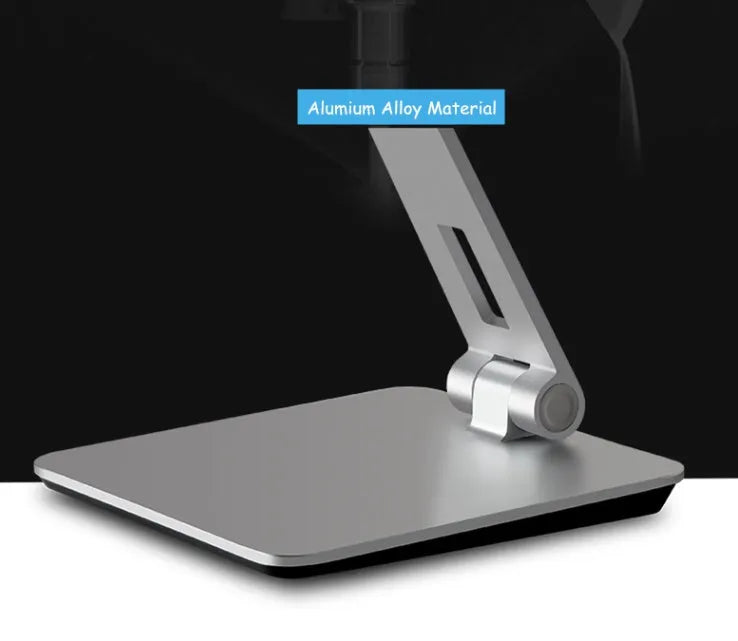 Folding desktop phone tablet stand in silver with 360-degree rotation feature