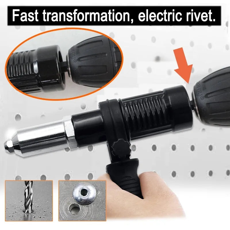 Black metal electric drill rivet gun attachment, 173mm long, with handle and four rivet heads.