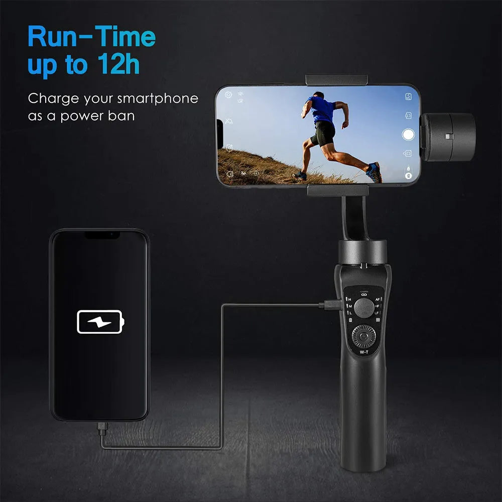 Black three-axis handheld gimbal stabilizer for mobile phones showing PTZ mechanism and handle