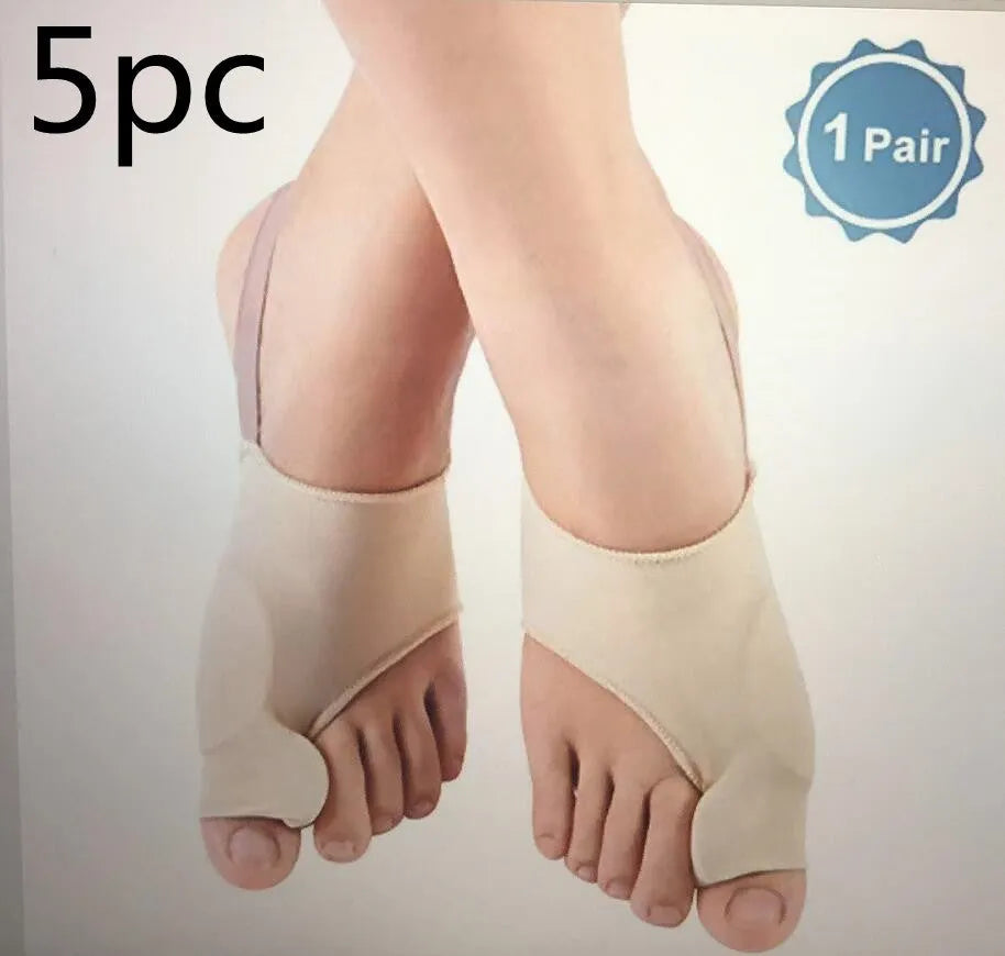 Pair of beige corrective toe socks with a clear silicone gel bunion pad and toe separator.