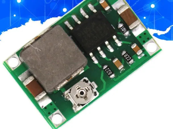 Mini 360 green DC-DC buck converter module measuring 17x11mm with synchronous rectification