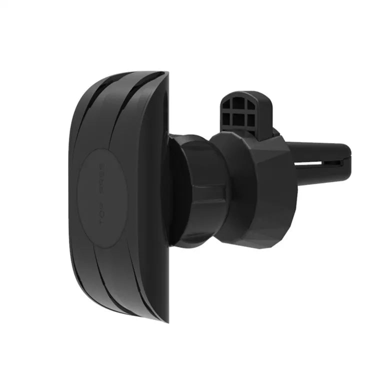 Black car phone holder attached to vehicle air vent holding smartphone