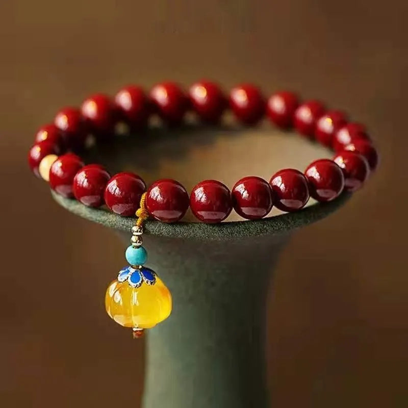 Handcrafted cinnabar bracelet with copper beads in wave design, national style unisex accessory