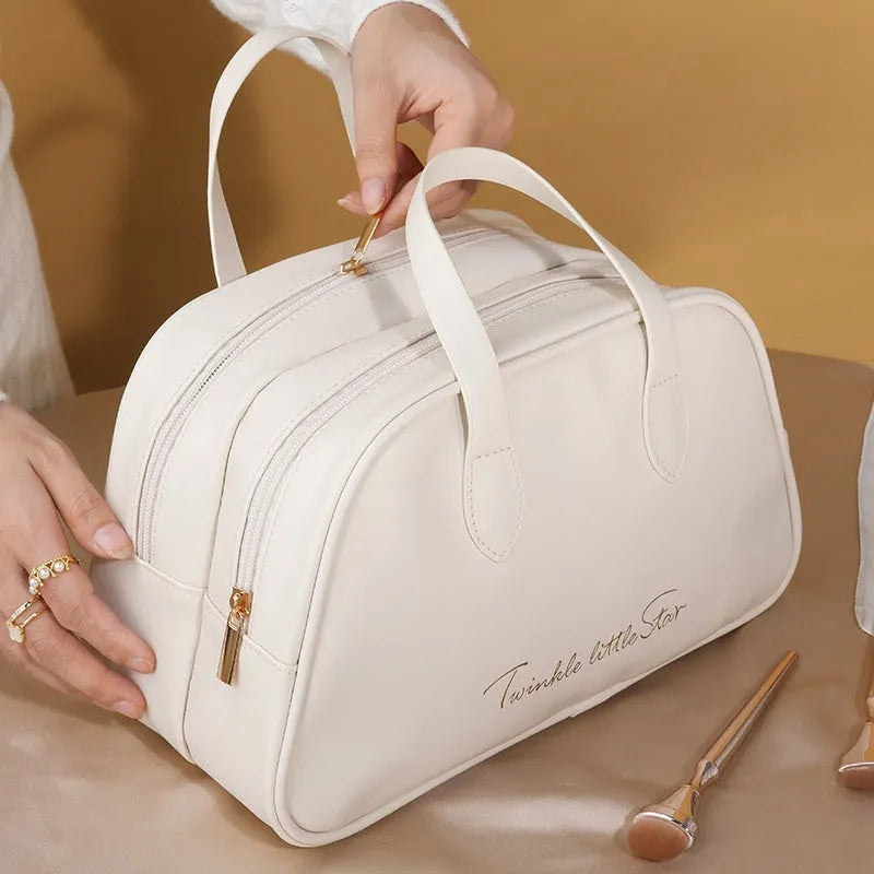 Large capacity leather travel toiletry bag in PU with dry wet separation compartments