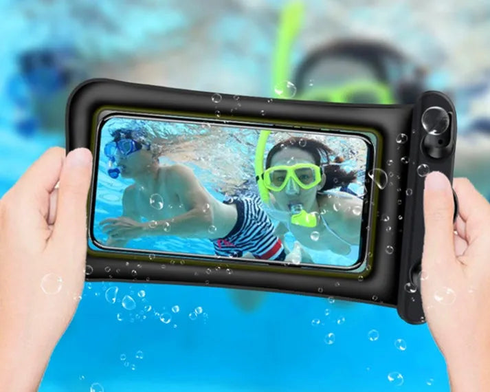Waterproof phone pouch with neck rope in multiple colour options including orange, black, and blue