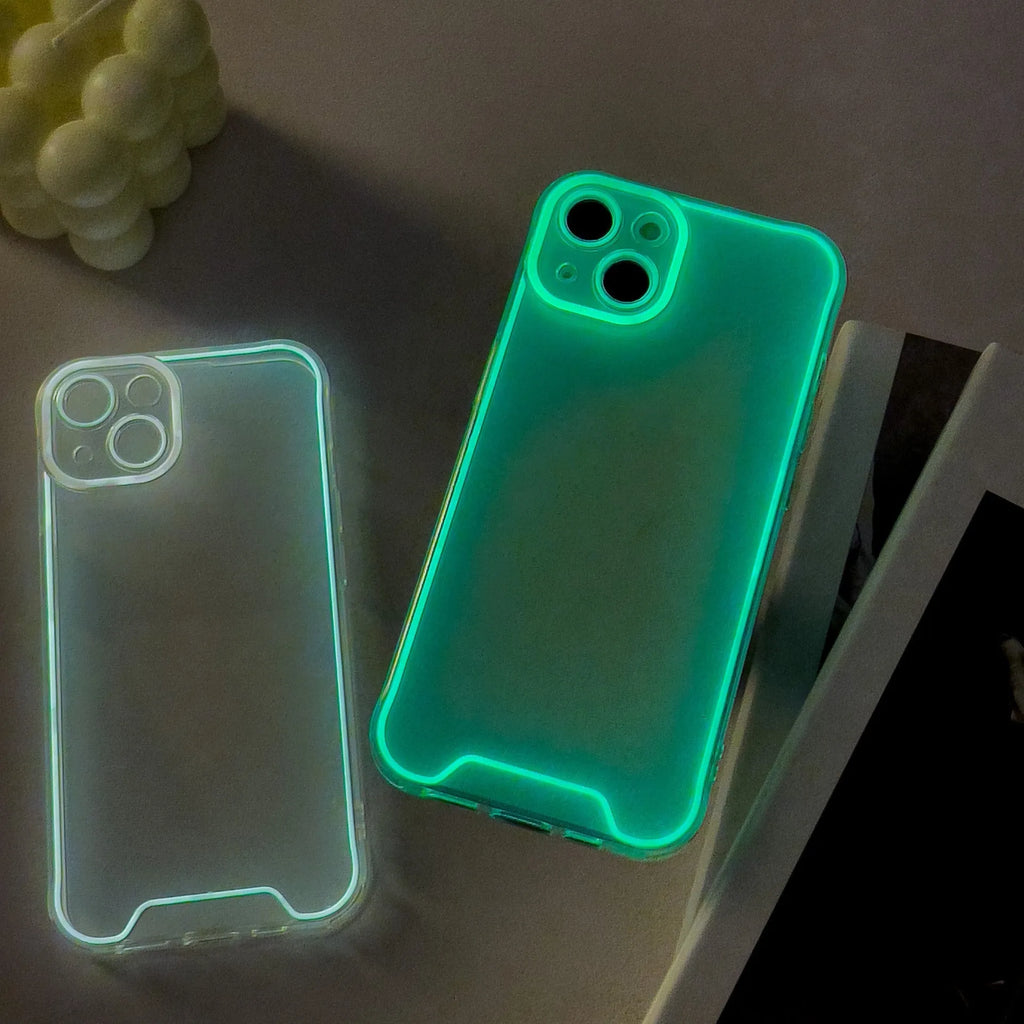 Glow in the dark Christmas phone case for iPhone in green, orange, blue, yellow, and pink colours.