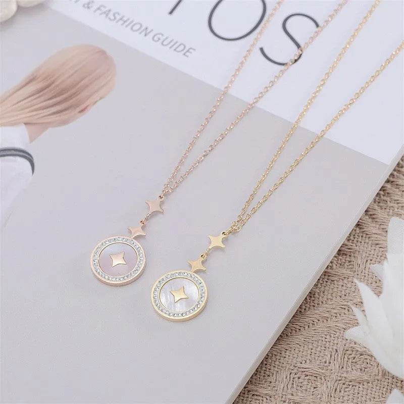 Women's titanium steel necklace with hexagonal six-pointed star pendant on O-ring chain