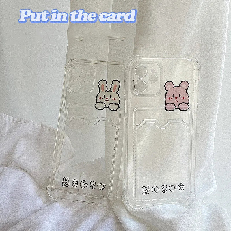 Transparent cartoon-painted iPhone case with built-in card holder slot in TPU material