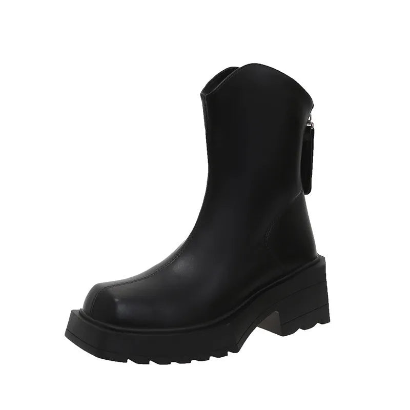 Black platform Martin boots for women with square toe and back zipper, shown on a white background.