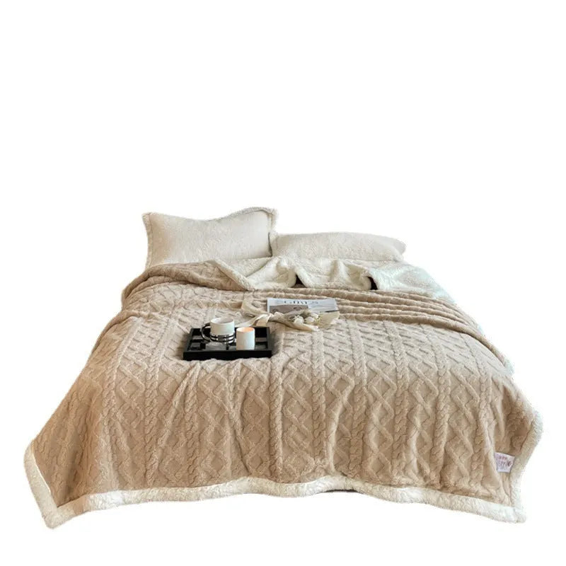 Polyester thermal flannel winter blanket in beige colour showing taffeta weave texture
