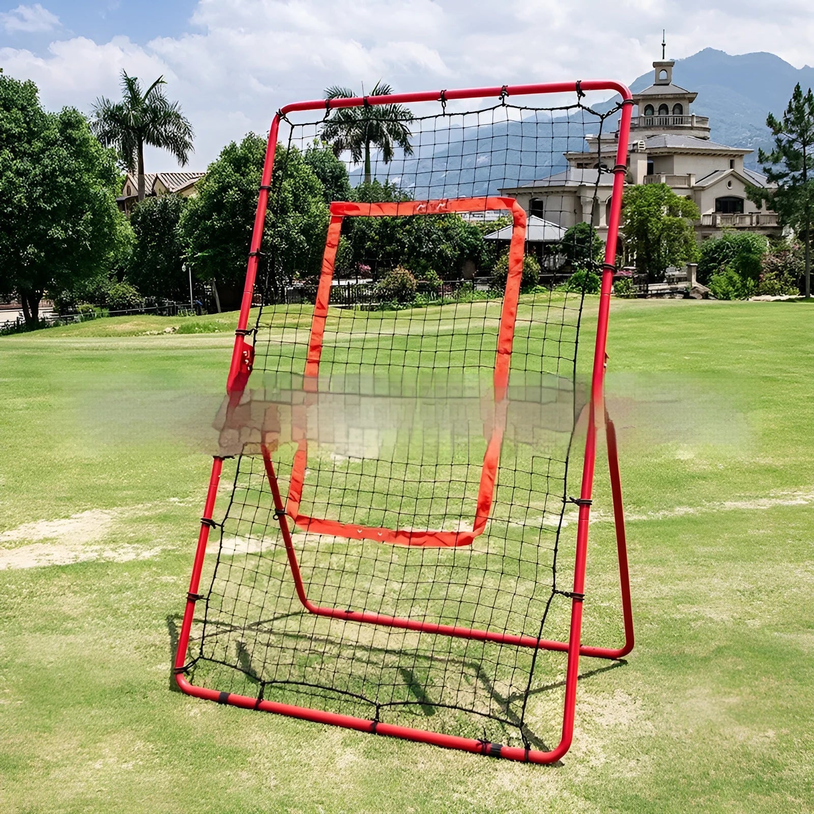 Red 4x6ft adjustable baseball training net with metal frame and carry bag