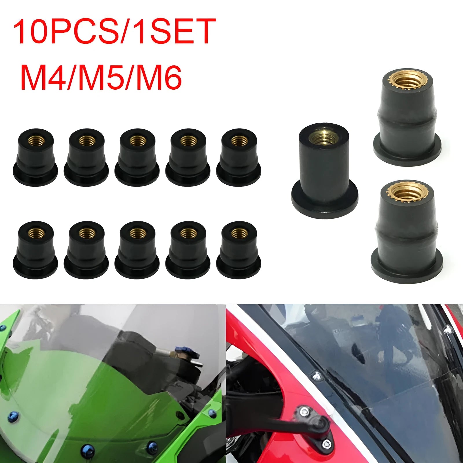 Black motorcycle well nut fasteners with brass inserts in M4, M5, and M6 sizes