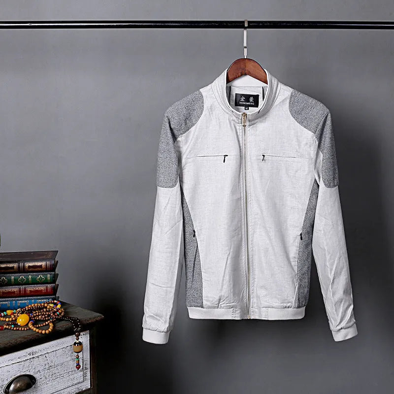 Men's thin cotton linen jacket in heather grey, grass green, and blue colours with regular cut