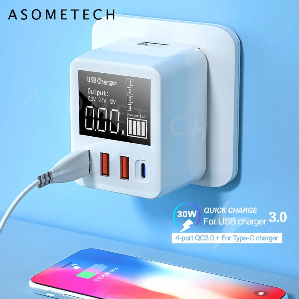 White 4-port QC3.0 and Type-C fast travel charger with optional British plug