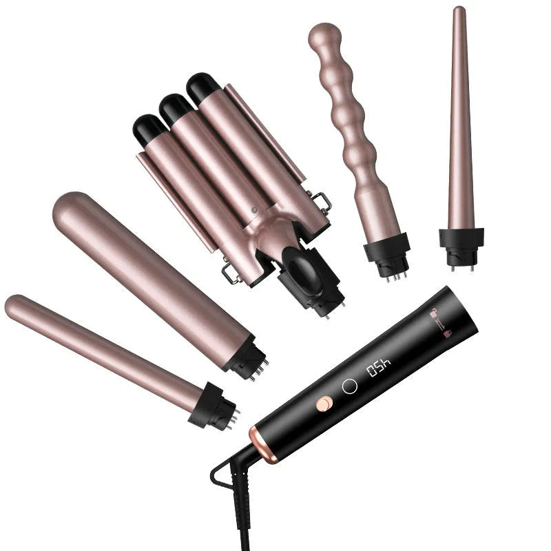 Rose gold five-in-one interchangeable tube hair curler with LCD display and negative ion technology