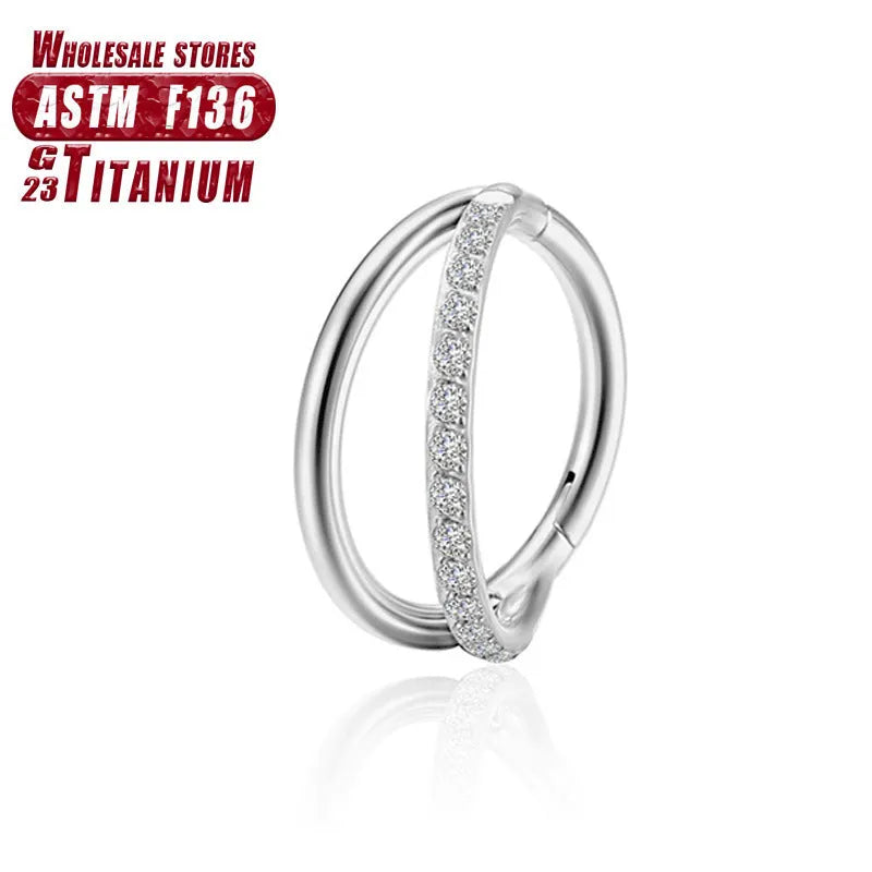 Titanium alloy L-shaped fork nose ring in silver, gold, black, rose gold and colourful finishes on a white background.