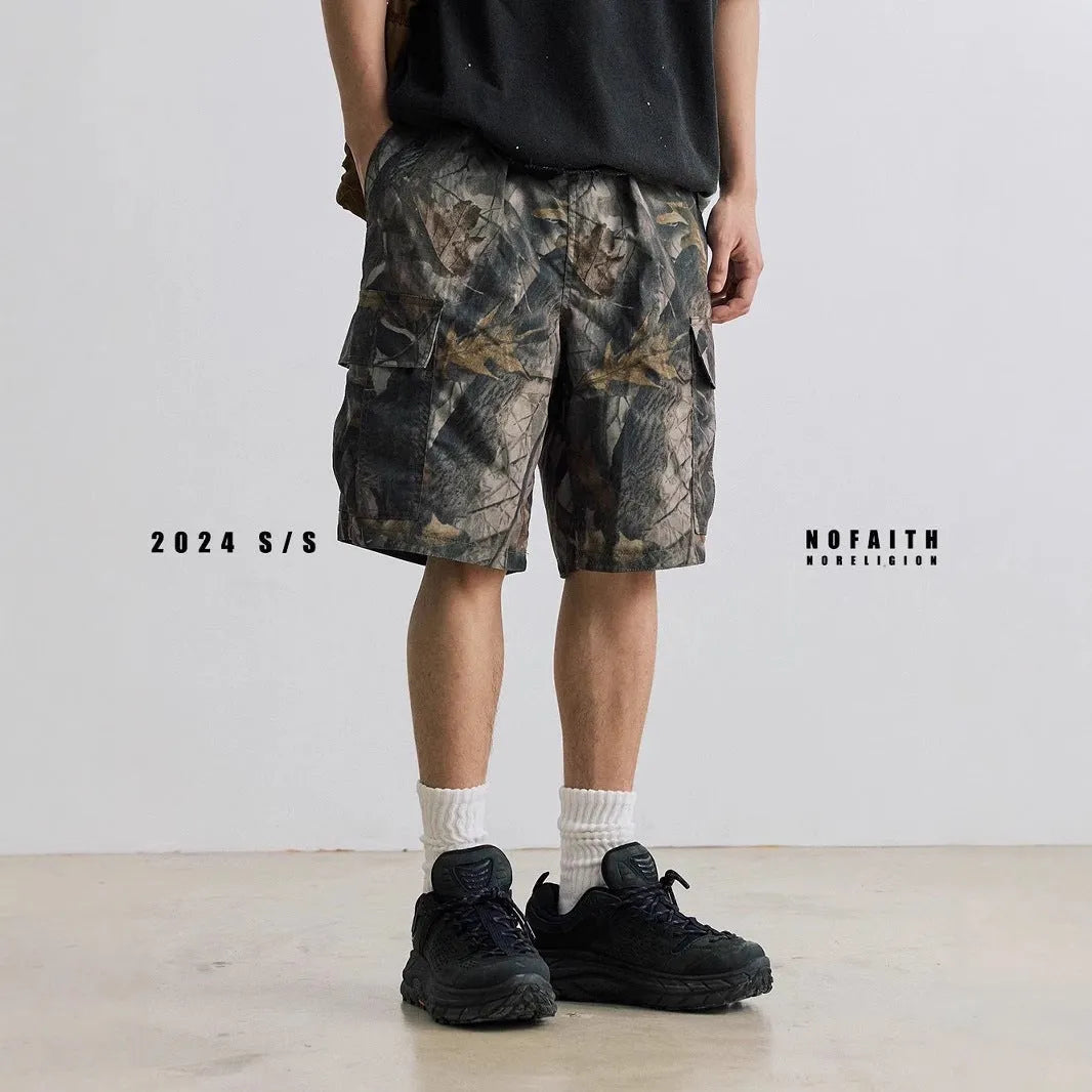 Loose casual straight-leg denim shorts in black or army green with micro-elastic waistband